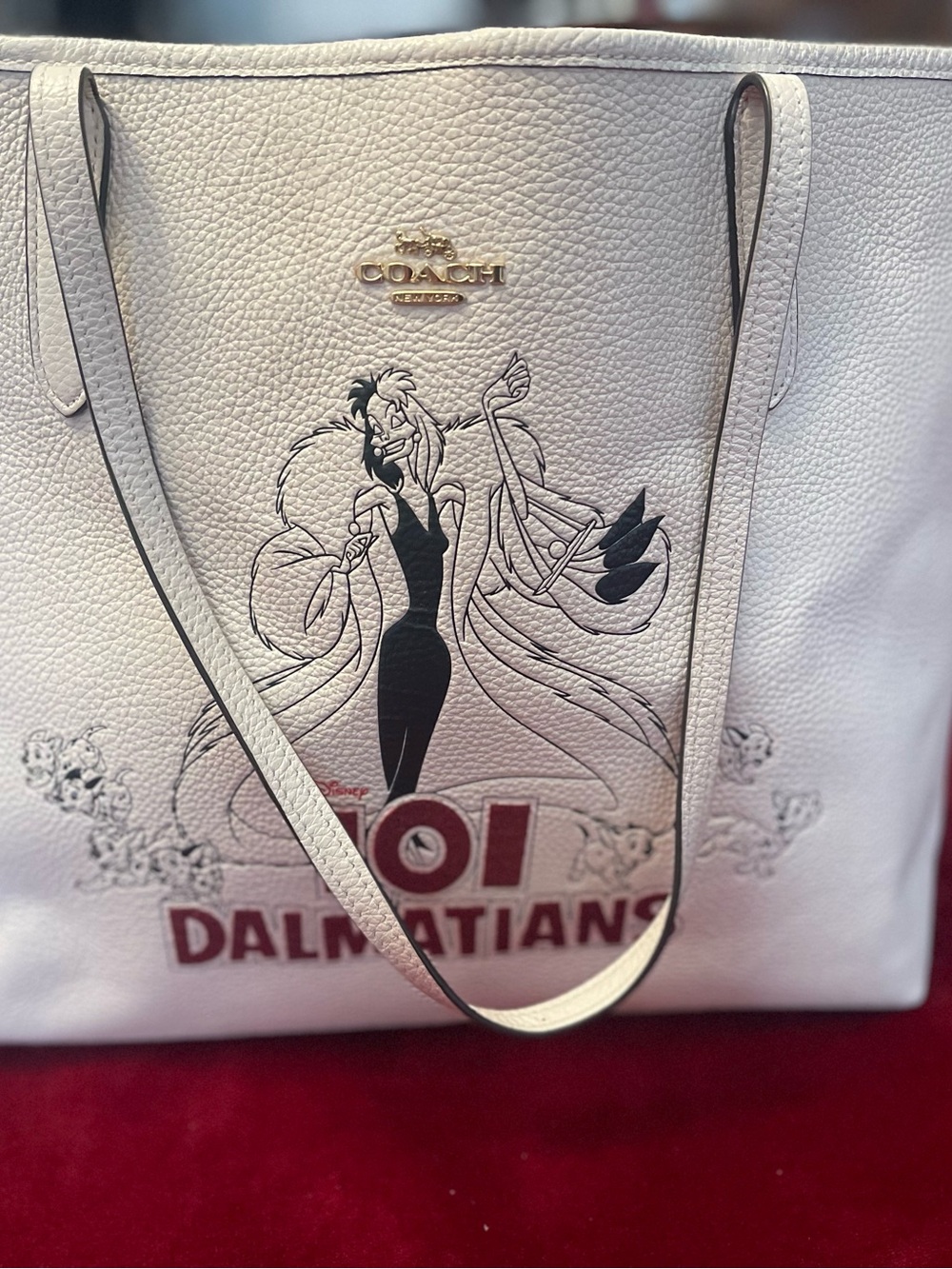 Coach White Leather Tote with Black Cruella Illustration